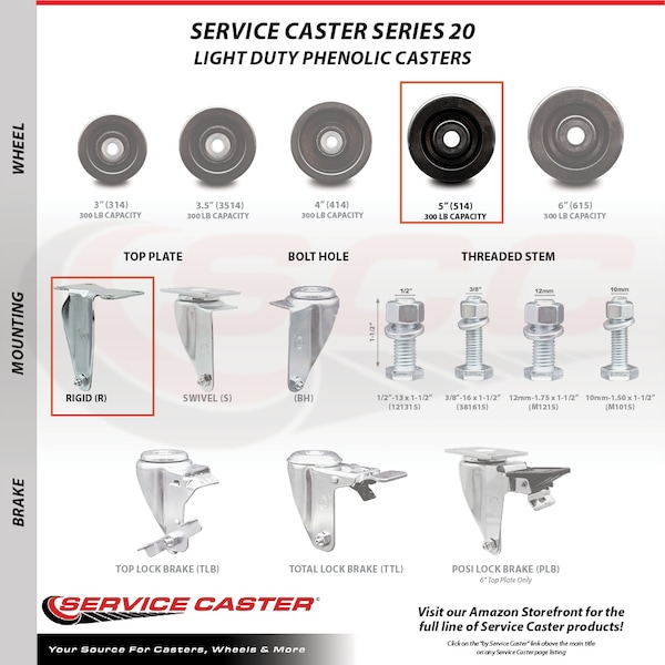 5 Inch SS Phenolic Swivel Top Plate Caster Set With 2 Rigid